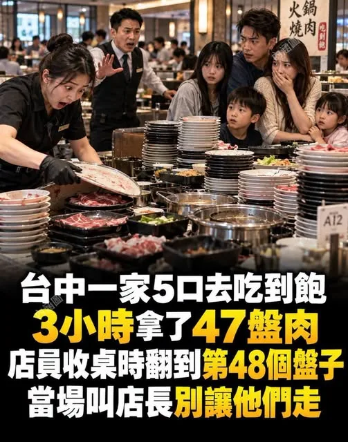 台中吃到飽5人狂嗑47盤肉,第48盤一翻店員急叫店長 第 1 張